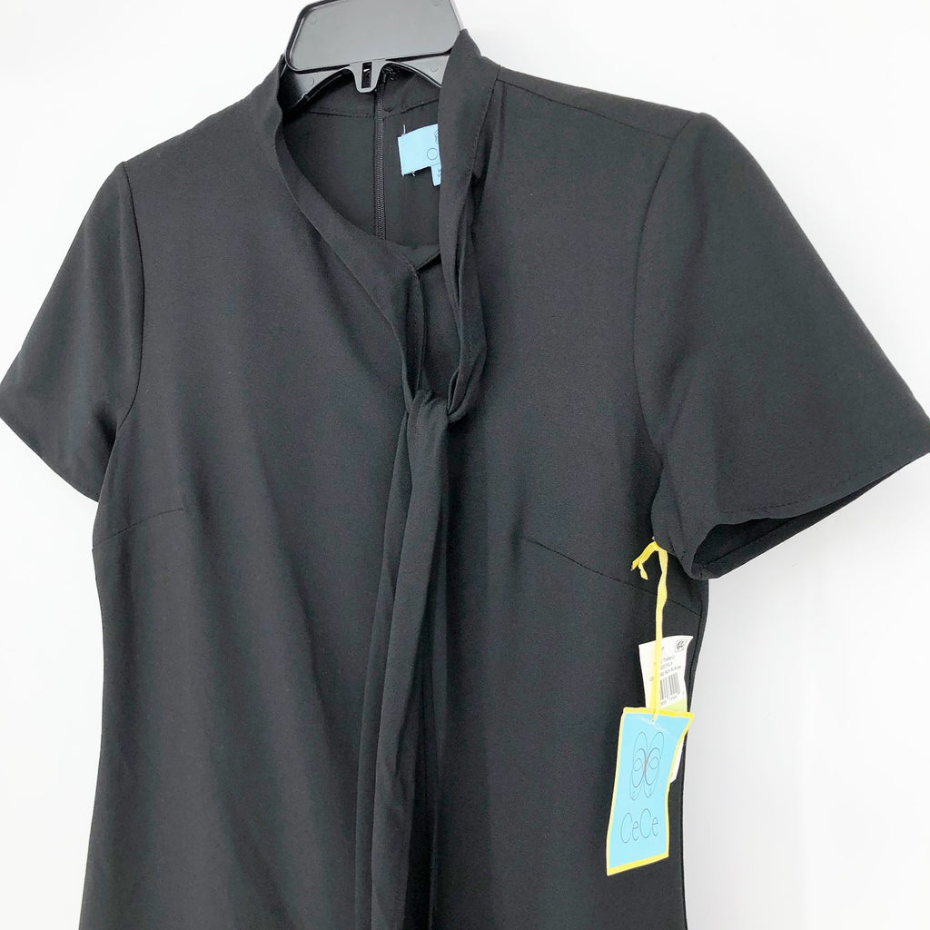 Cece Womens Bow Neck Mini Dress 4 Black Short Sleeve Fit & Flare Cocktail NWT
