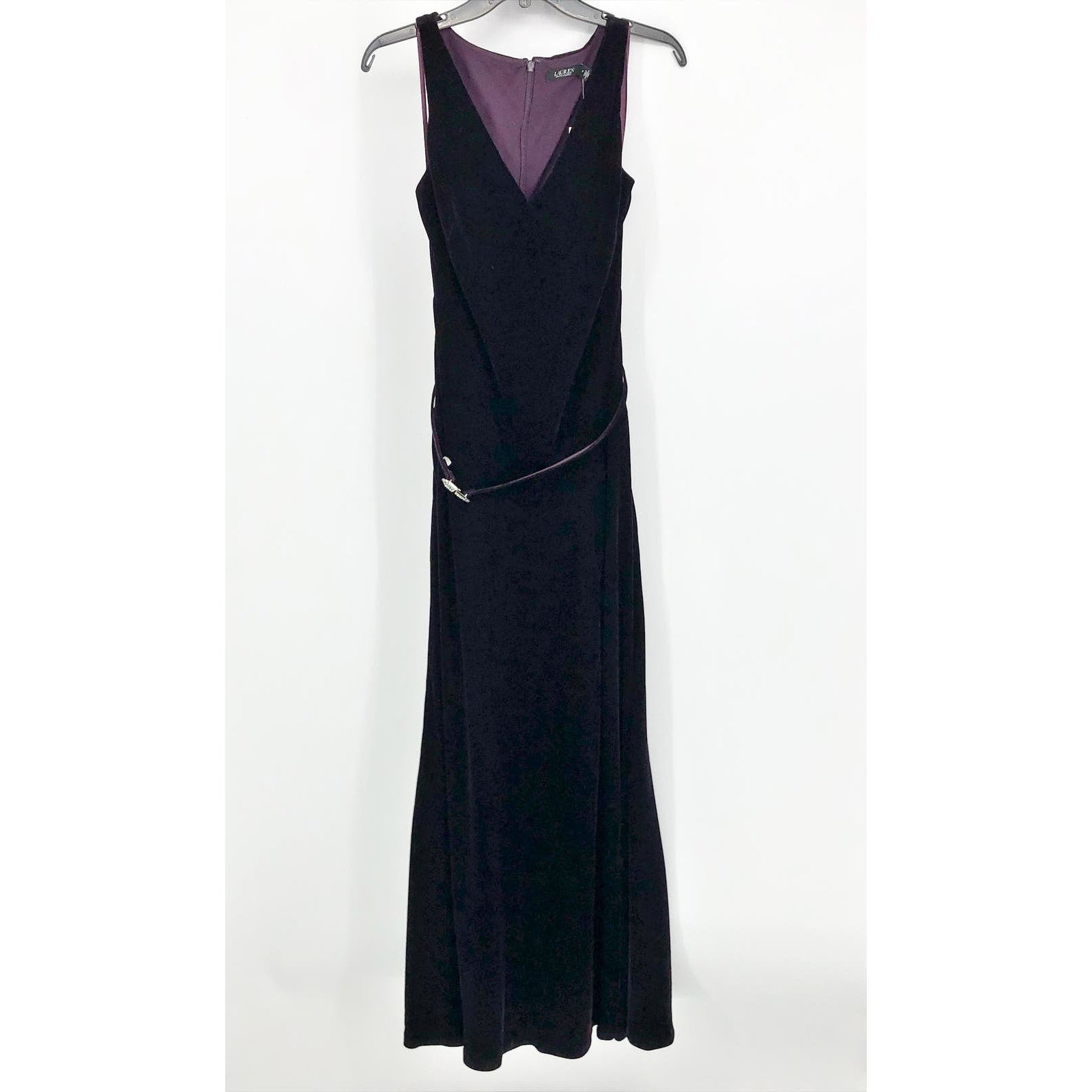 Lauren Ralph Lauren Velvet Evening Dress Size 2 Dark Purple Belt Sleeveless NWT