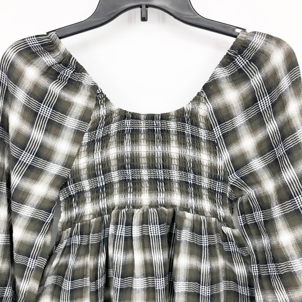 TOMMY JEANS Women's Plaid Peplum Top XS Green Thyme 3/4 Sleeve NWT