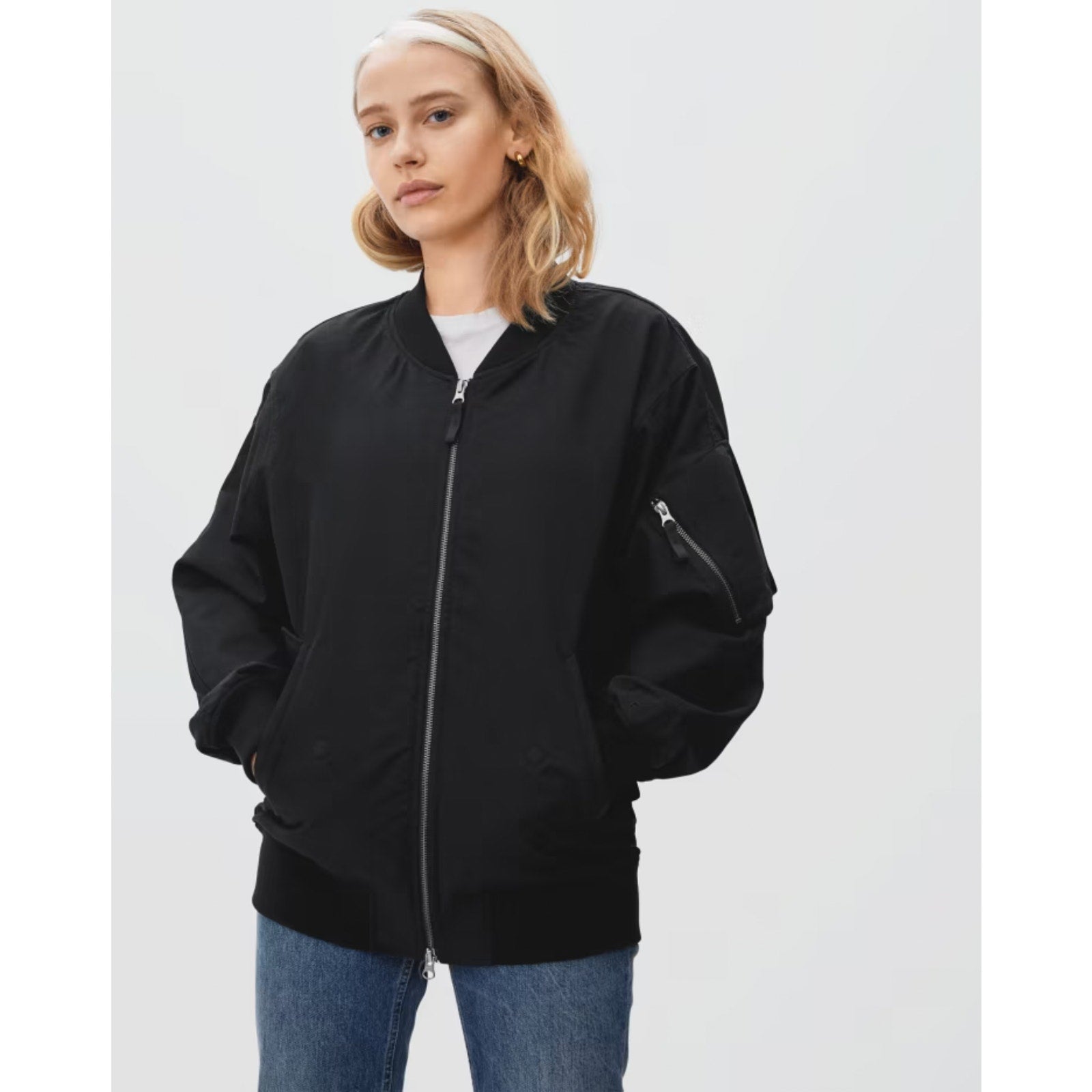 Everlane Womens Cotton Bomber Jacket XXS Black Oversized Zip Front NWT
